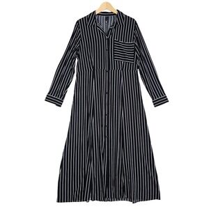 EDITION Women's Black White Vertical Stripe Long Sleeve Shirt Maxi Dress Size 16